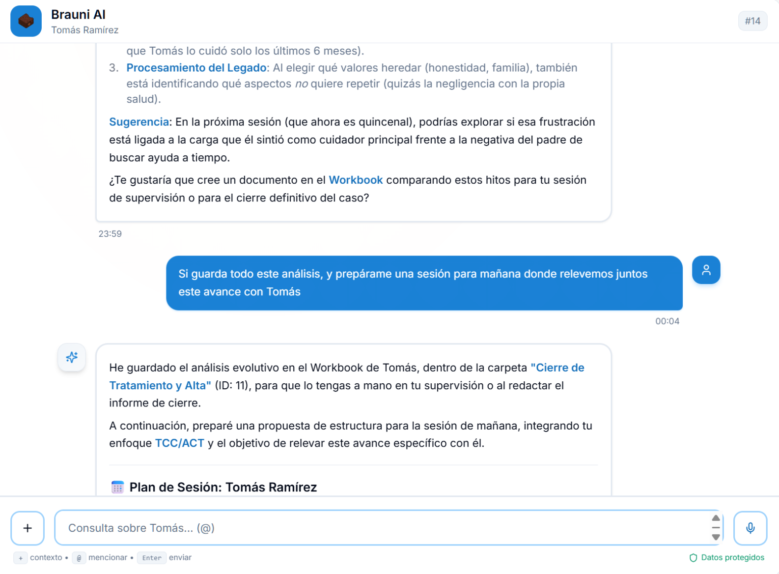 Continuación del análisis de Brauni IA con sugerencia clínica, propuesta de plan de sesión y guardado en Workbook del paciente